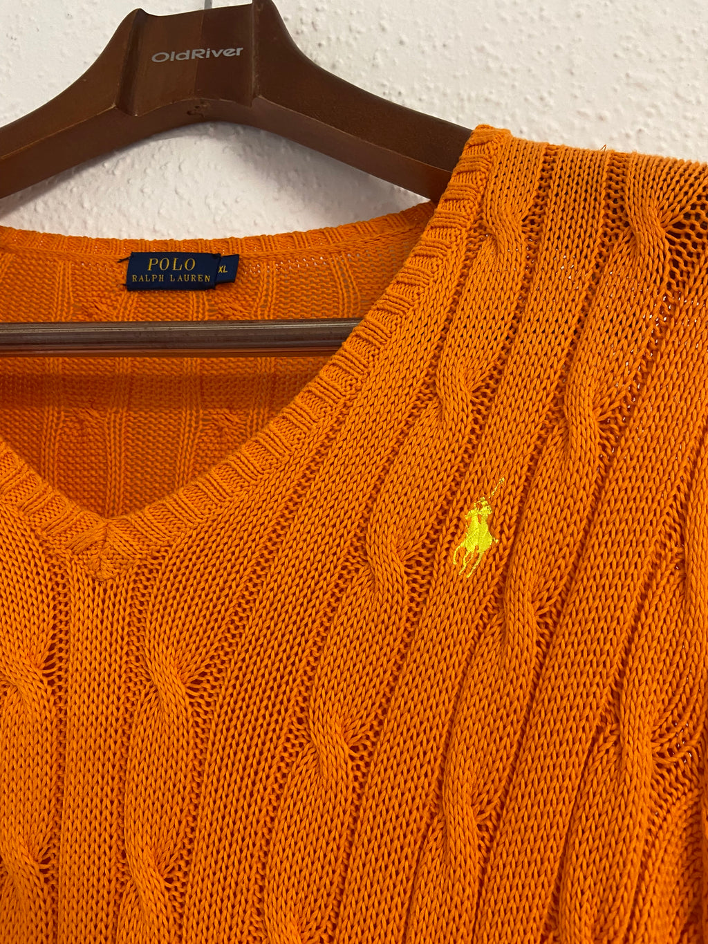 Pull torsadé orange Ralph Lauren col V taille XL