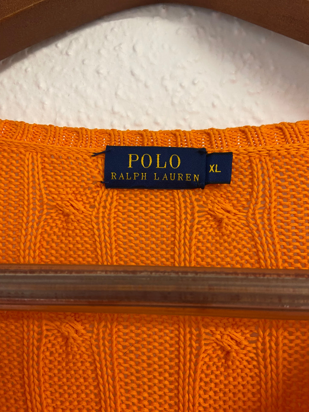 Pull torsadé orange Ralph Lauren col V taille XL