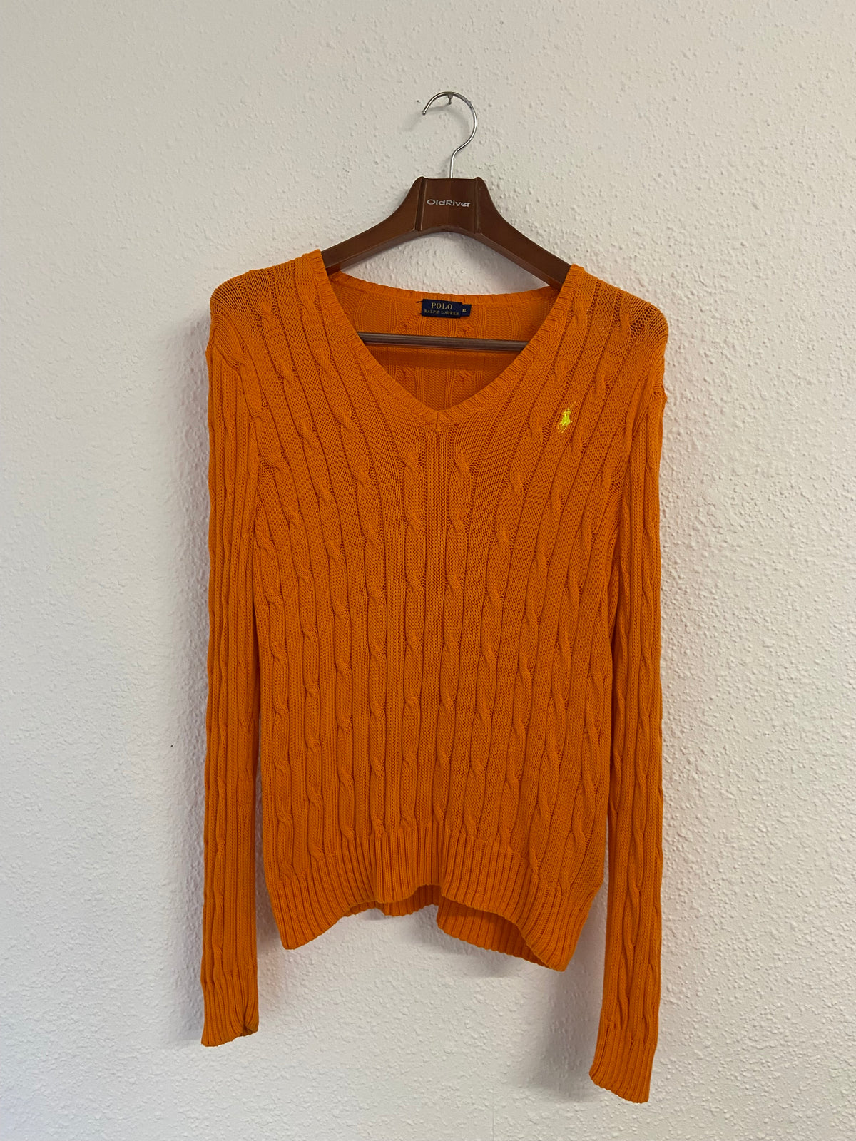 Pull torsadé orange Ralph Lauren col V taille XL